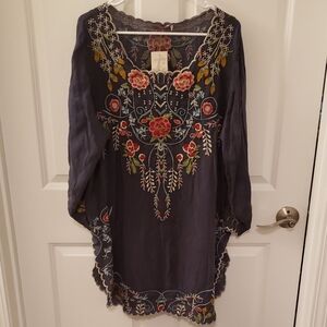 Johnny Was Navy Floral Embroidered Blouse